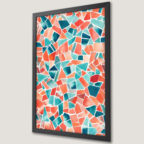 Framed Poster featuring a vibrant abstract mosaic design in watercolor style with orange, teal, and blue hues. Perfect wall art for any space!
