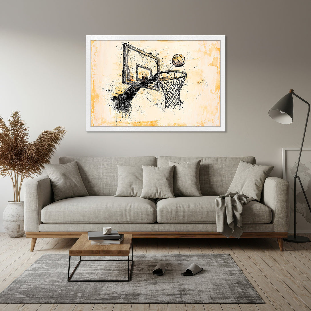 Framed Poster featuring a basketball hoop and ball in a modern, abstract style with a neutral and yellow color palette. Perfect wall art.