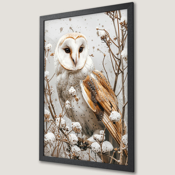 Framed Poster featuring a majestic owl in a wintery scene. Neutral color palette with brown and white tones, perfect wall art.