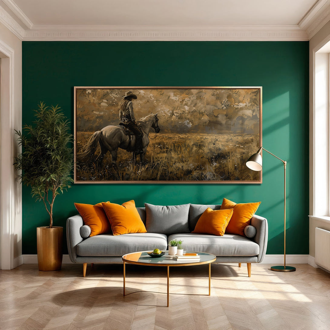 Framed Wall Art: Cowboy on horse, rustic style, warm earth tones, displayed in modern living room with green wall. Perfect for home decor.