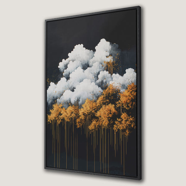 Framed Wall Art: Abstract landscape Canvas Print with gold and white clouds over golden trees against a dark background. Modern art for home decor.
