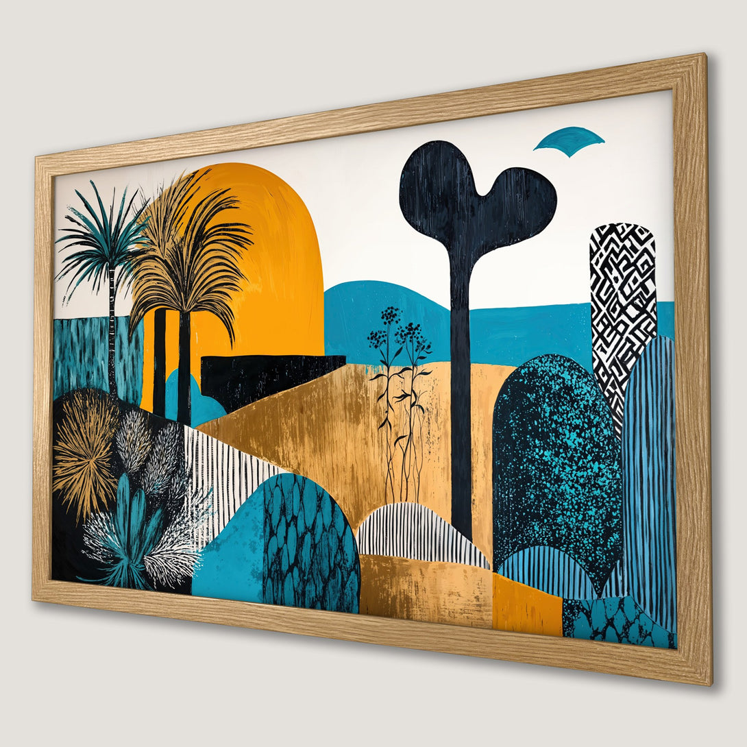 Framed Poster featuring an abstract landscape with palm trees, sun, and geometric shapes in a vibrant teal, gold, and black color palette.