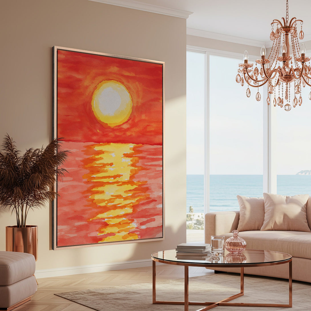 Framed Wall Art: Watercolor sunset canvas print in warm orange and yellow tones. Coastal decor inspiration for a cozy living room.