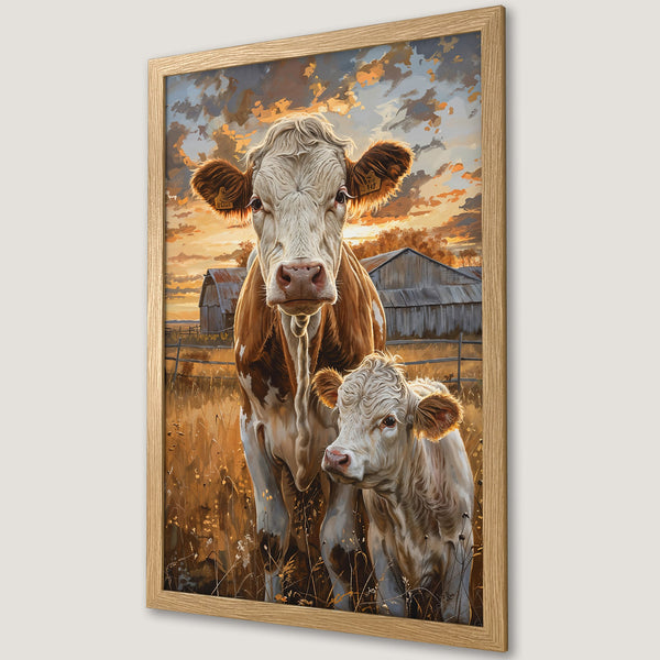Framed Poster featuring cows in a warm, painterly style with a sunset color palette. Perfect farm animal art for your home!