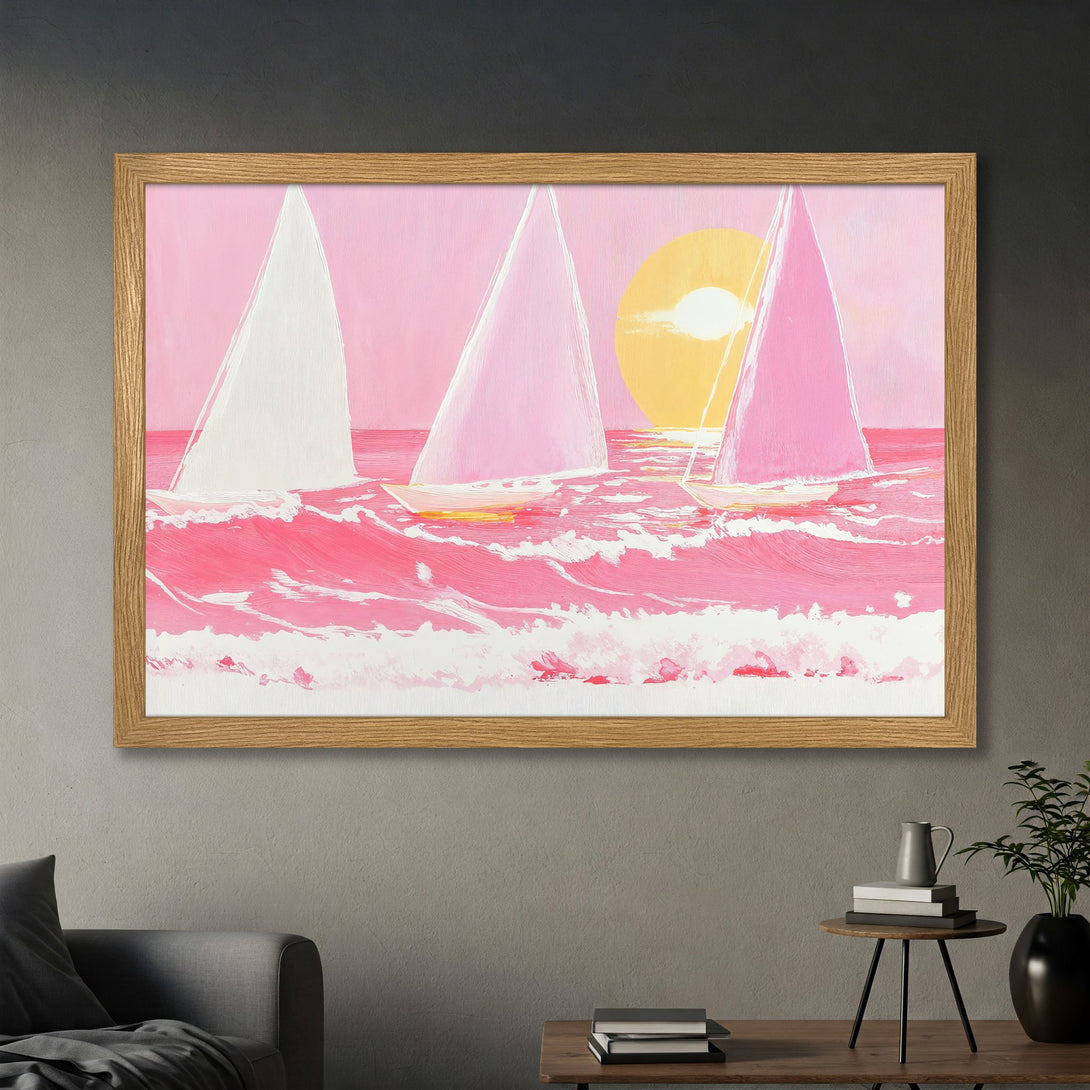 Framed Poster of sailboats on pink sea. Modern art style with pink, white, and yellow color palette. Add a splash of color to your space!