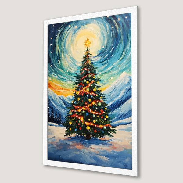 Framed Poster featuring a festive Christmas tree painting in an impressionist style with a blue and yellow color palette. Perfect holiday decor!