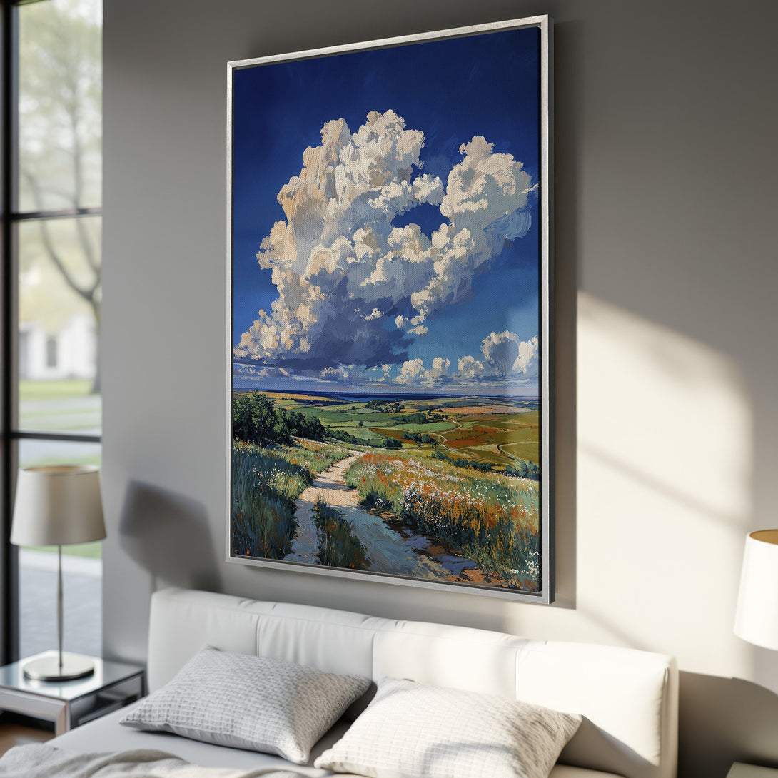 Framed Wall Art: Landscape painting with vibrant blue sky, fluffy clouds, and a path through a field. Warm, inviting color palette. Perfect for your home!