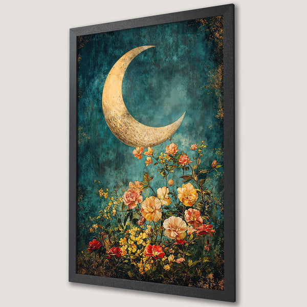 Framed Poster featuring a crescent moon & floral art in teal, gold, and peach tones. Perfect wall decor for any room!