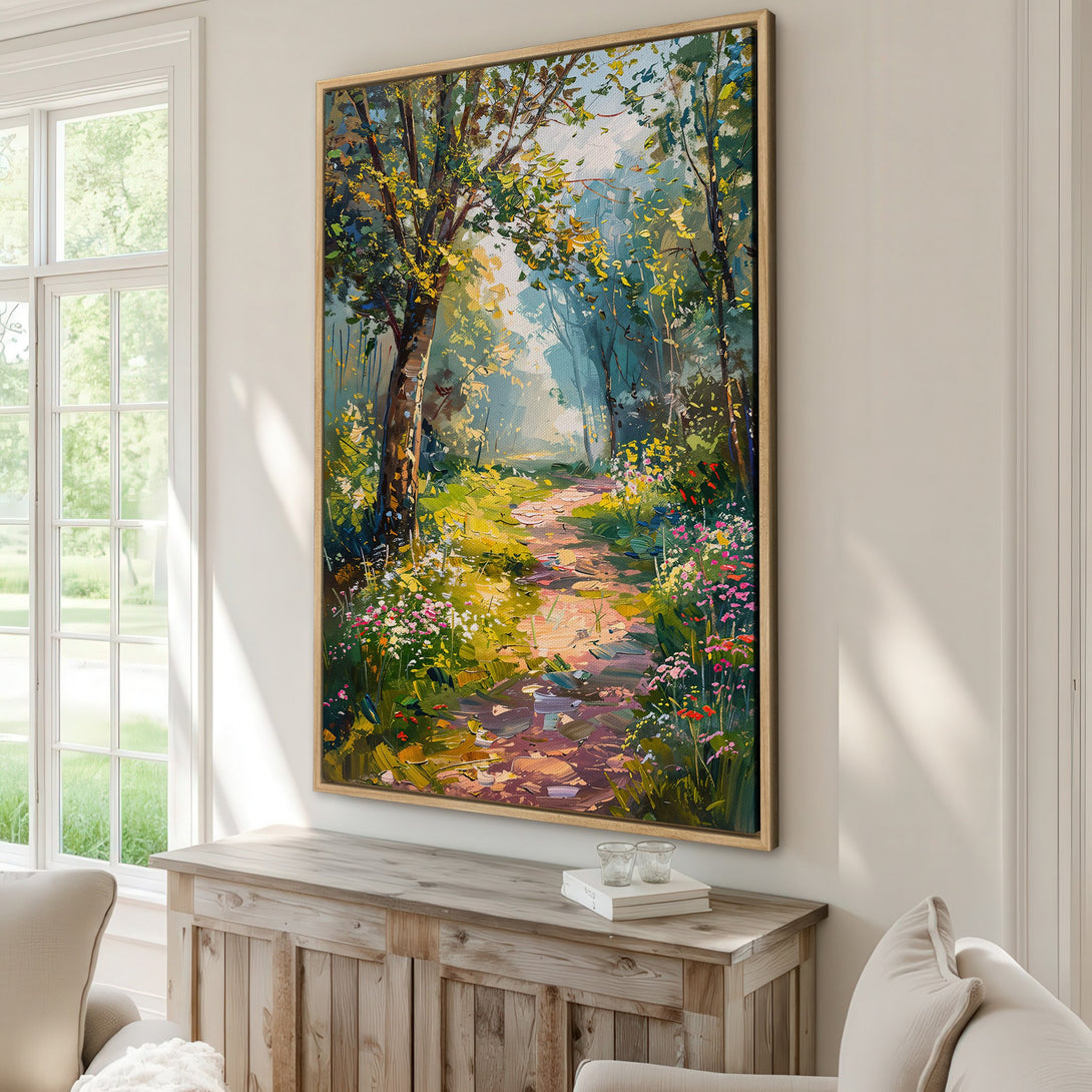 Framed Wall Art: Impressionist forest path painting with vibrant greens, yellows, and pinks. Enhance your home decor with this stunning canvas print.