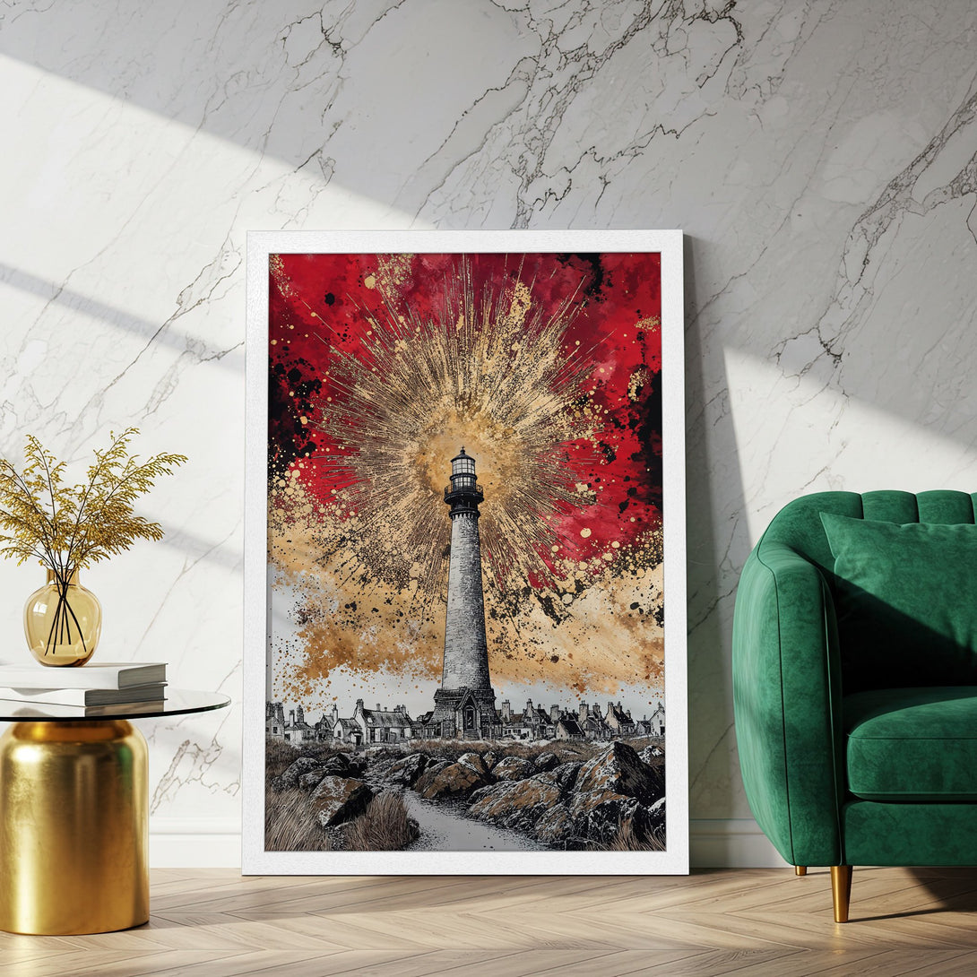 Framed Poster featuring a lighthouse in a striking abstract style with red, gold, and black hues. Perfect wall art for any space!