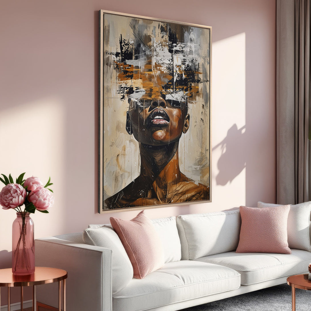 Framed Wall Art featuring an abstract portrait in a warm, neutral color palette. Perfect for modern living rooms. Shop our Canvas Print collection!