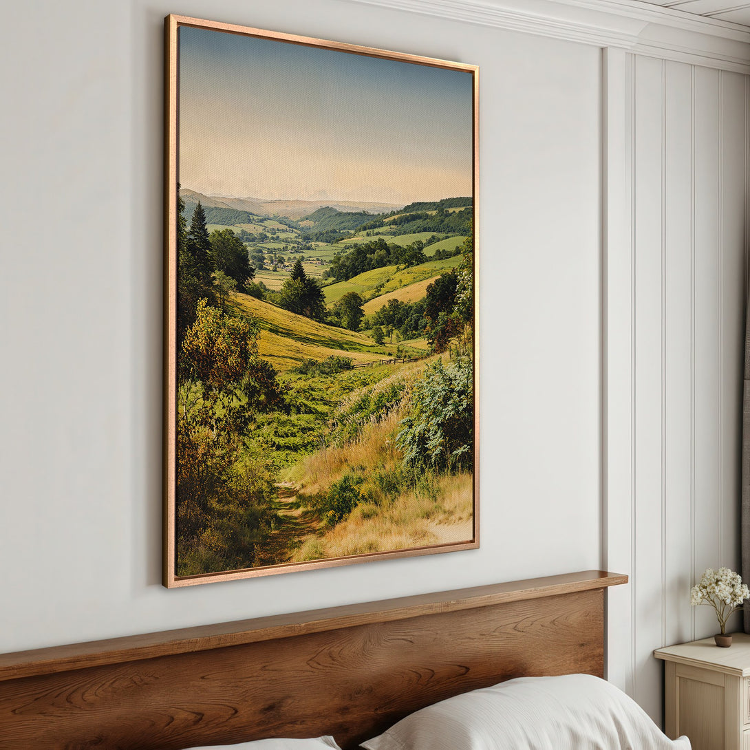 Framed Wall Art featuring a serene landscape with rolling hills, a path, and a warm, natural color palette. Perfect for adding a touch of nature to your space.