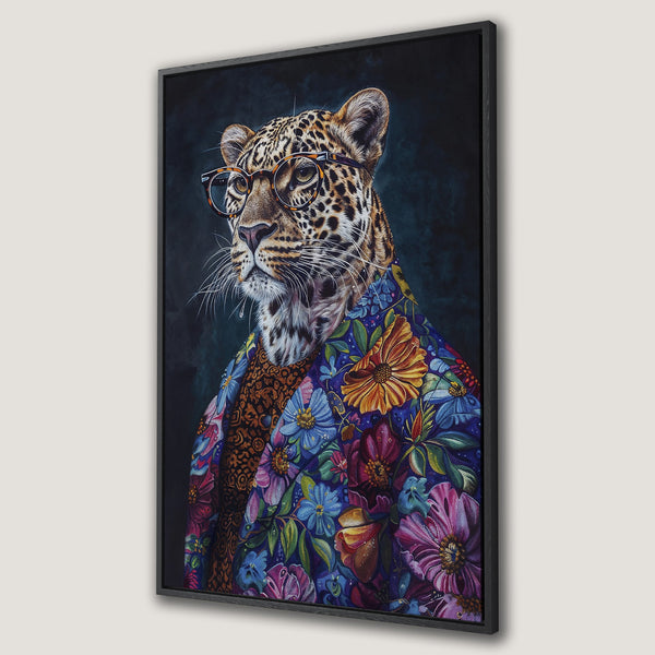 Framed Wall Art: Stylish leopard portrait wearing glasses and floral jacket. Vibrant, colorful artwork with a dark, moody background. Perfect for any room.
