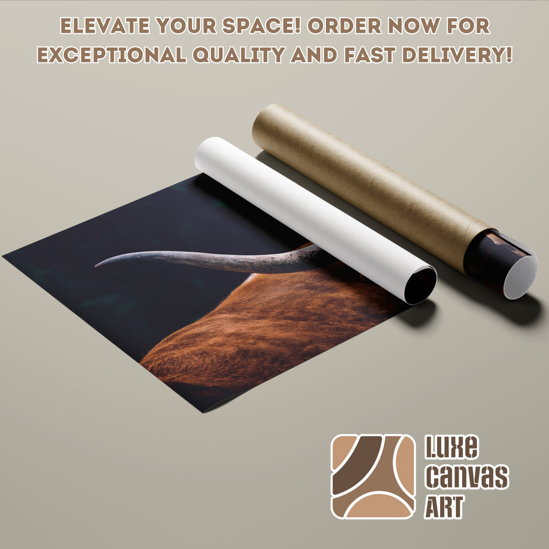 Poster Roll featuring a bull's horn in a warm color palette. Elevate your space with Luxe Canvas Art!
