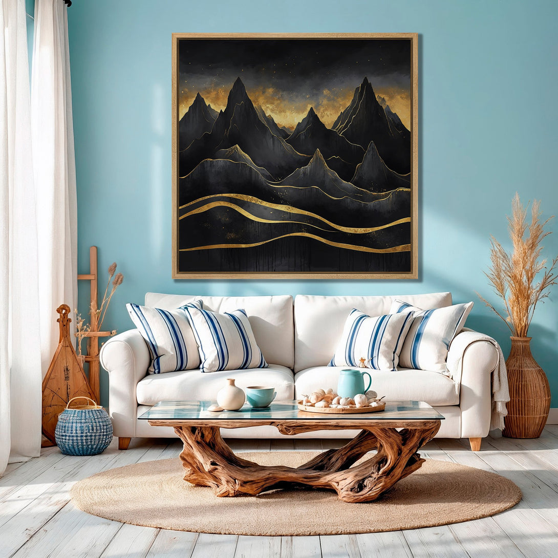 Framed Wall Art: Abstract mountain landscape in black and gold. Modern art canvas print with a serene, coastal vibe. Perfect for living room decor.