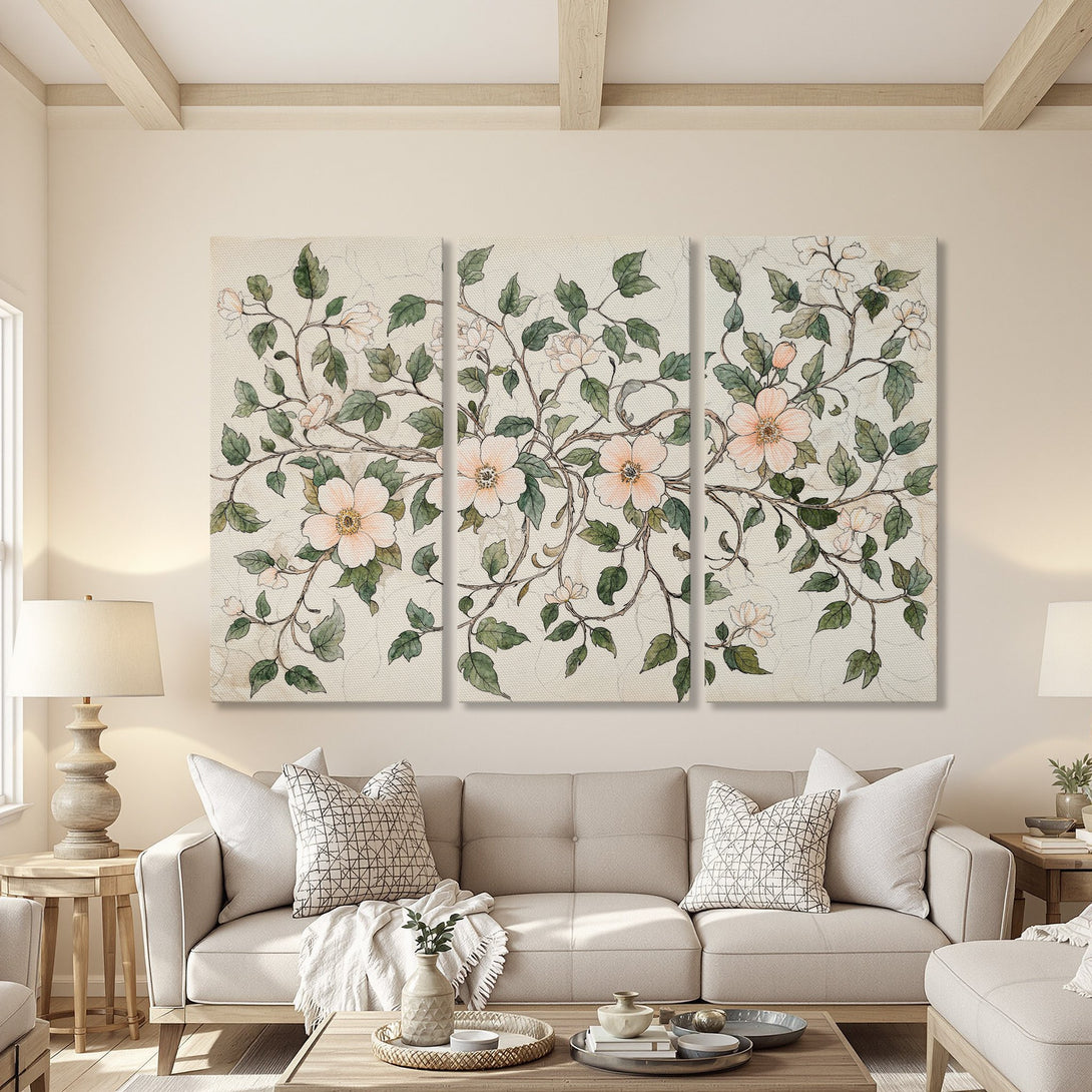 Canvas Print of floral artwork in a neutral color palette. Botanical illustration style, perfect for adding a touch of elegance to any living room.