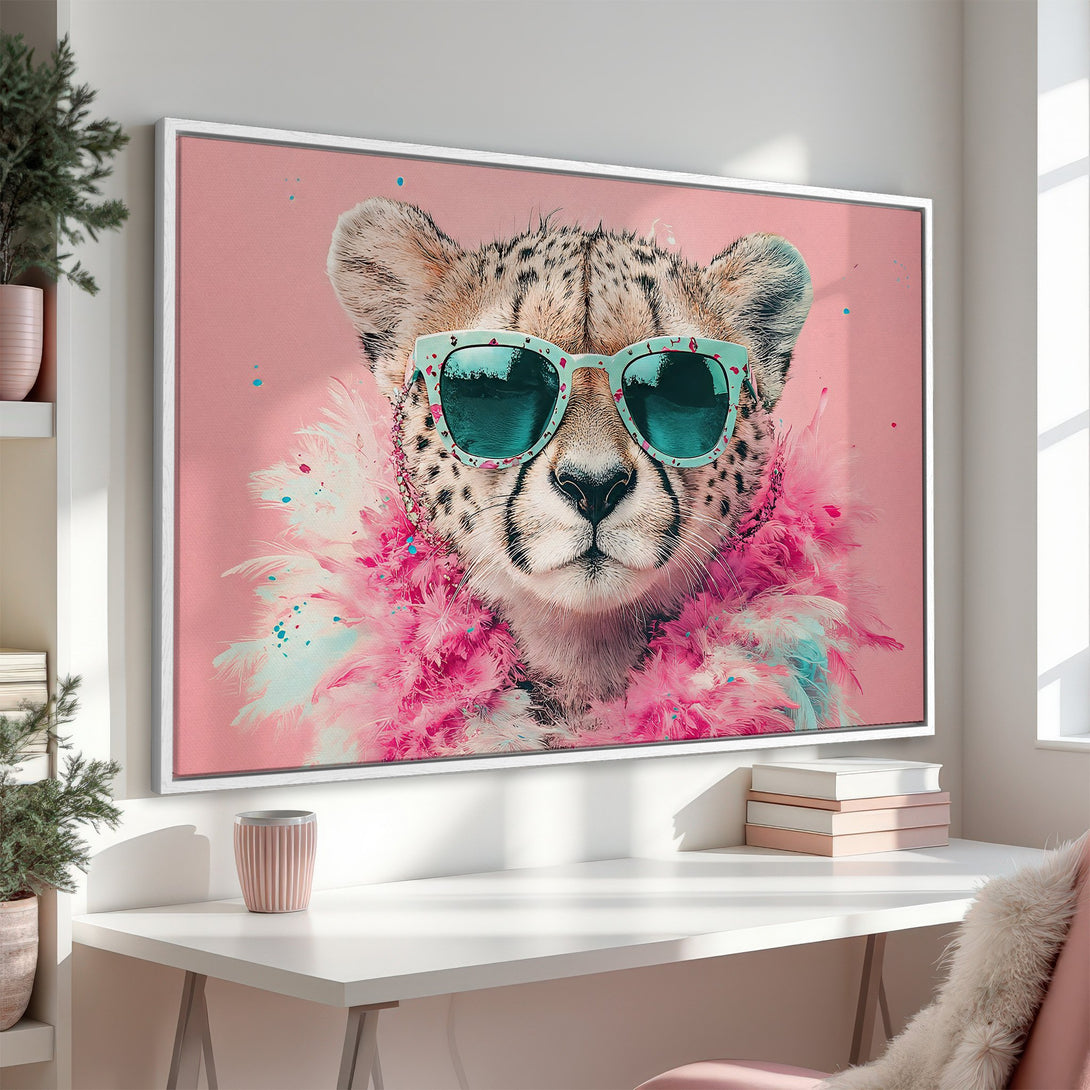 Canvas Print featuring a stylish cheetah wearing sunglasses and a pink feather boa. Modern art with a pink and teal color palette.