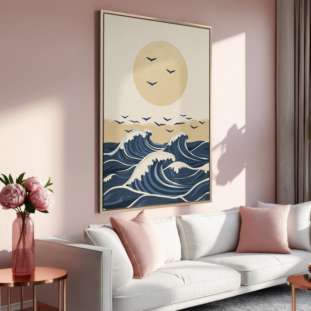 Framed Wall Art: Coastal waves canvas print in a minimalist style with a blue, beige, and pink color palette. Perfect for adding a touch of serenity.