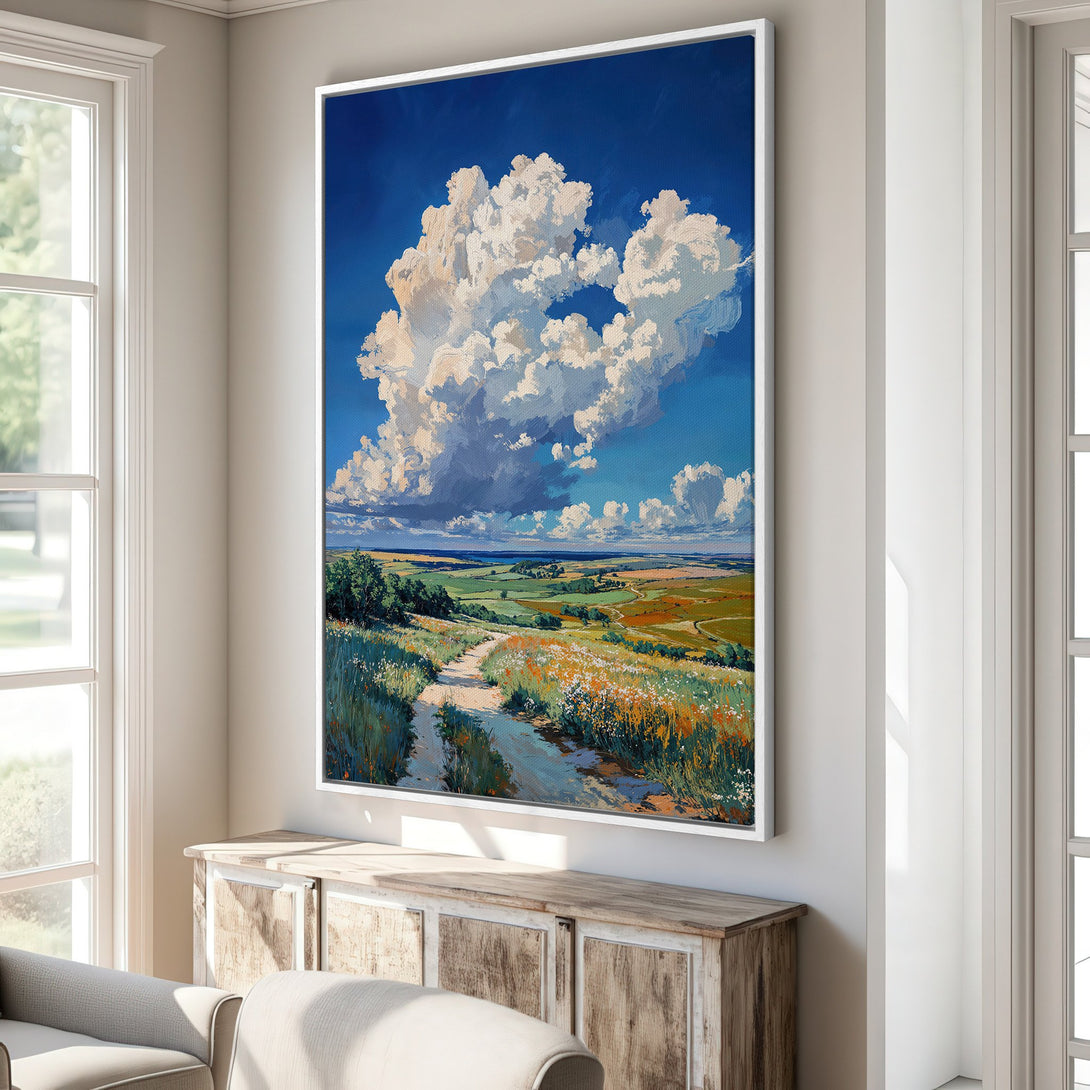 Framed Wall Art: Landscape Canvas Print with blue sky, fluffy clouds, and a path through a field. Impressionistic style, vibrant color palette. Perfect for home decor.