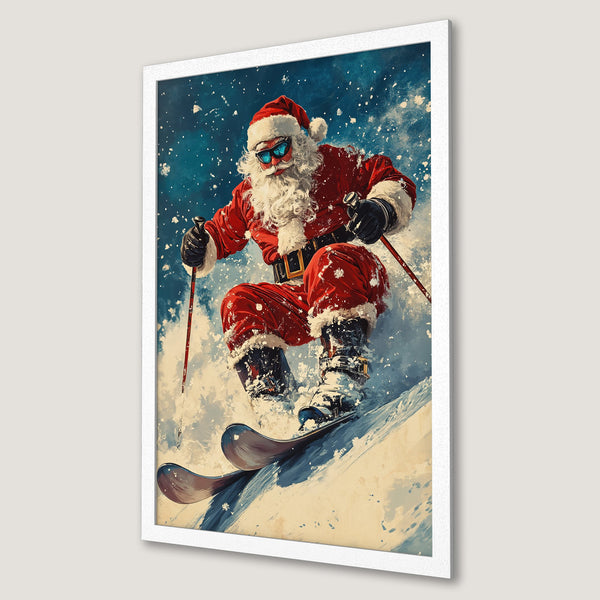 Framed Poster of Santa skiing in a vibrant, painterly style with a red, blue, and white color palette. Perfect Christmas decor!