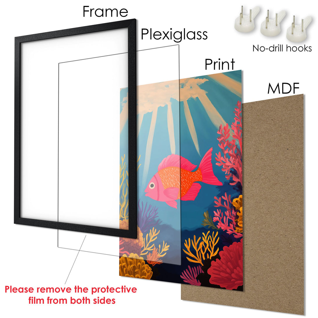 Framed Poster featuring a vibrant fish in an underwater scene. Artistic style with a colorful palette of blues, pinks, and oranges.