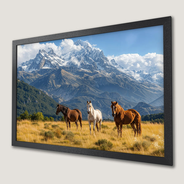 Framed Poster featuring majestic horses in a mountain landscape. Earthy tones and vibrant blue skies create a stunning nature scene. Perfect wall art!