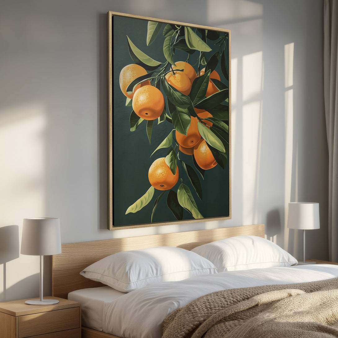 Framed Wall Art: Citrus branch painting in a bedroom. Features oranges, green leaves, and a dark teal background. Warm, inviting color palette.