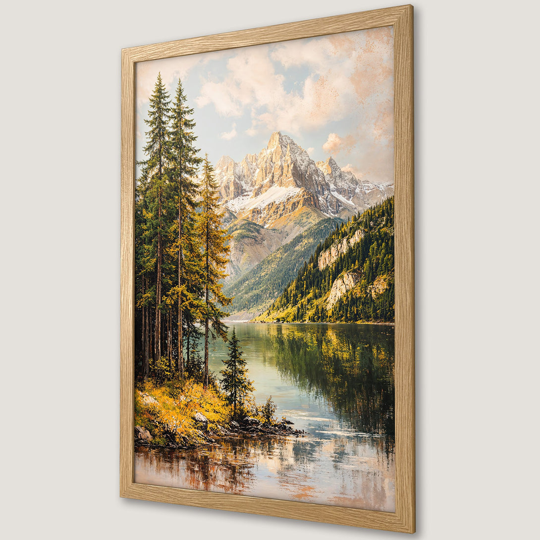 Framed Poster of a serene mountain lake landscape in a warm, natural color palette. Perfect for adding a touch of nature to your home!