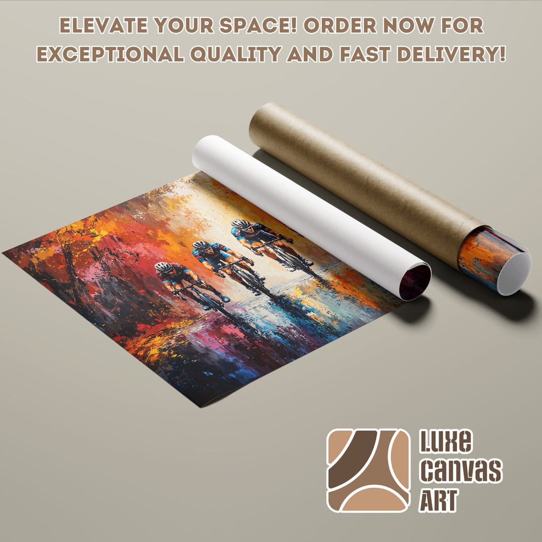 Poster Roll featuring a cycling art print, vibrant colors, and an expressive style. Elevate your space!