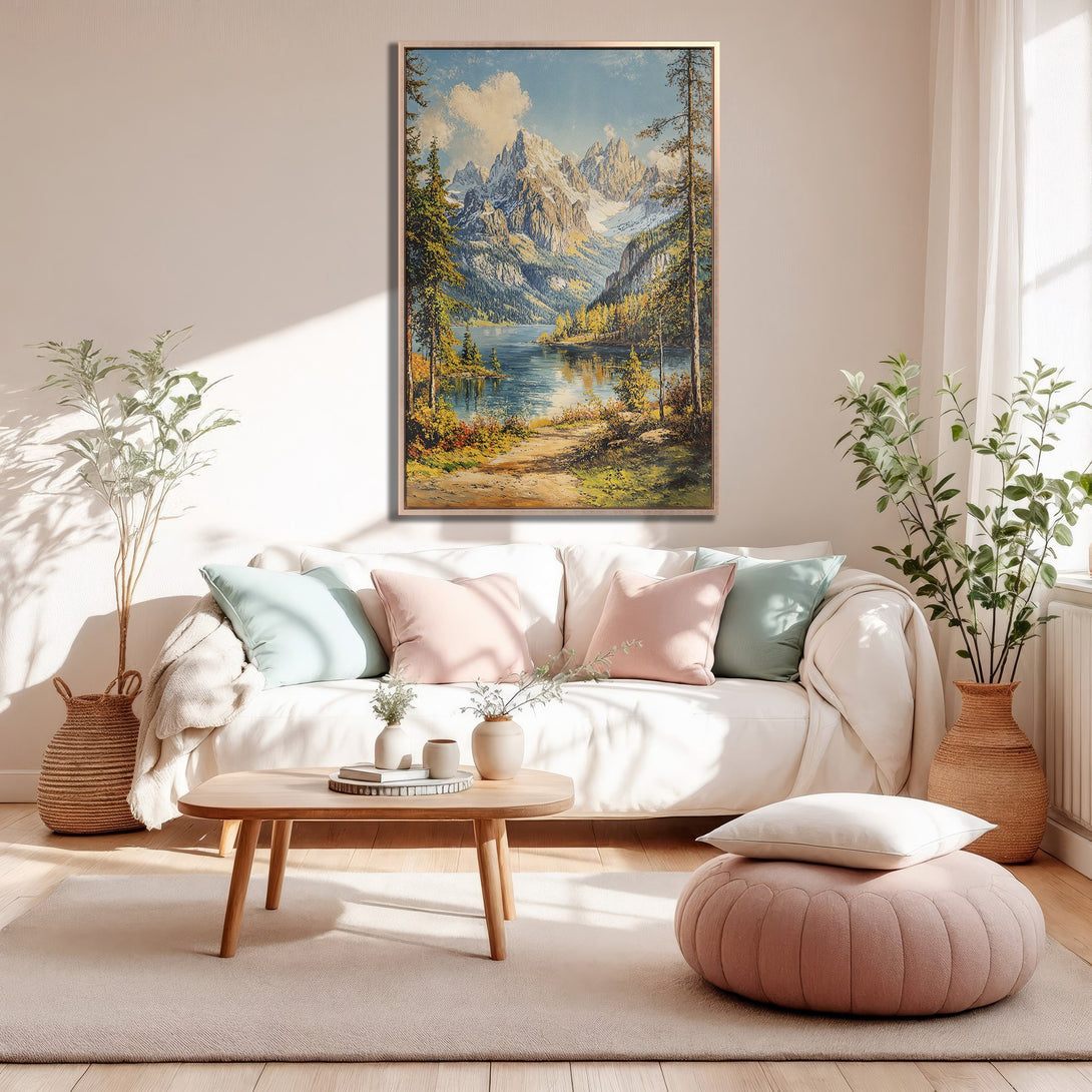 Framed Wall Art: Stunning mountain landscape canvas print in a warm, inviting living room. Features a natural color palette with blues, greens, and golds. Perfect home decor!