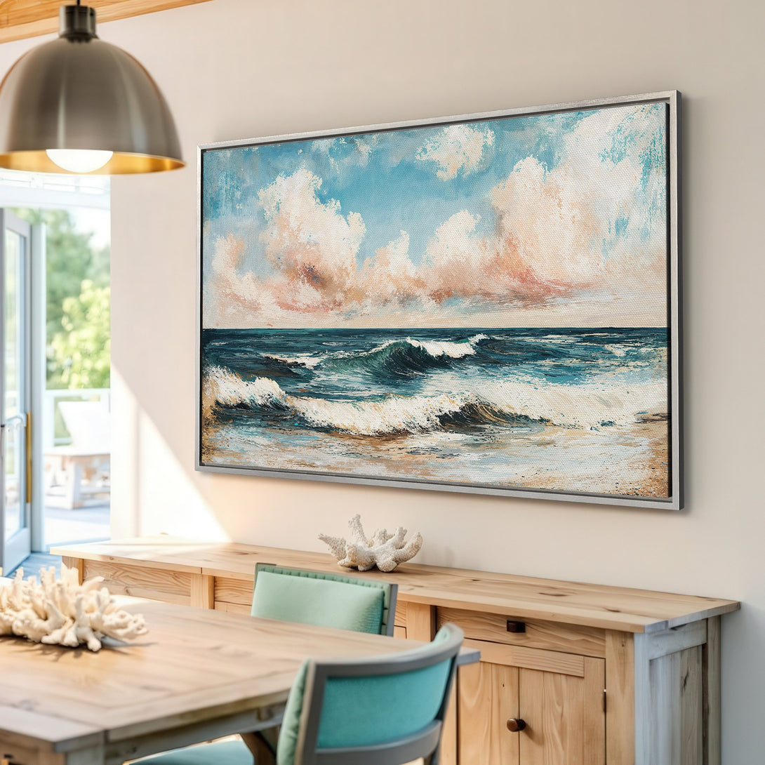 Framed Wall Art: Coastal waves Canvas Print in blue and peach. Bring the beach home with this stunning, textured artwork. Perfect for a calming interior.