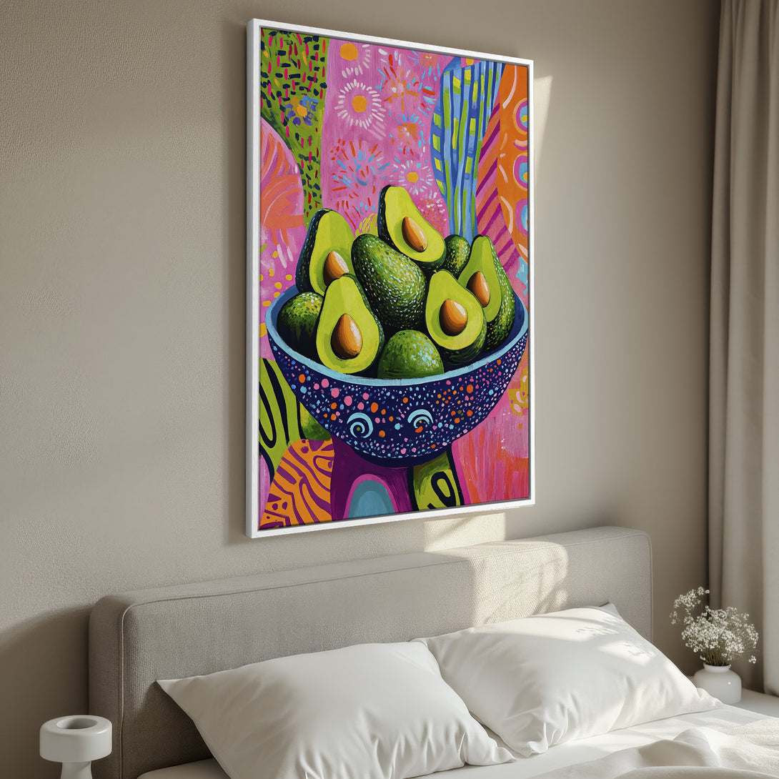 Framed Wall Art featuring a vibrant, colorful avocado painting in a modern style. Adds a pop of color to any room!