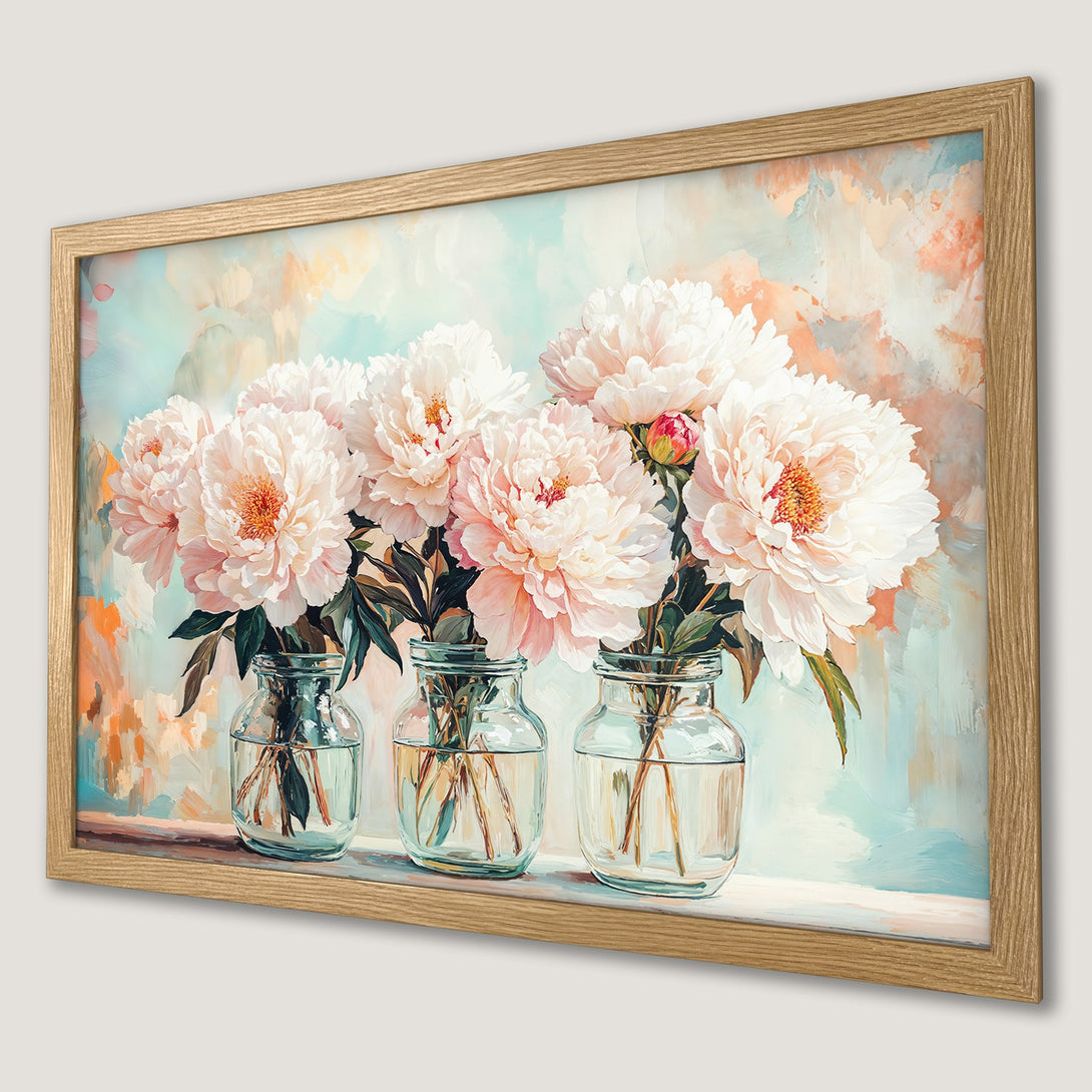 Framed Poster featuring delicate peony flowers in a soft, painterly style with a pastel color palette. Perfect wall art!