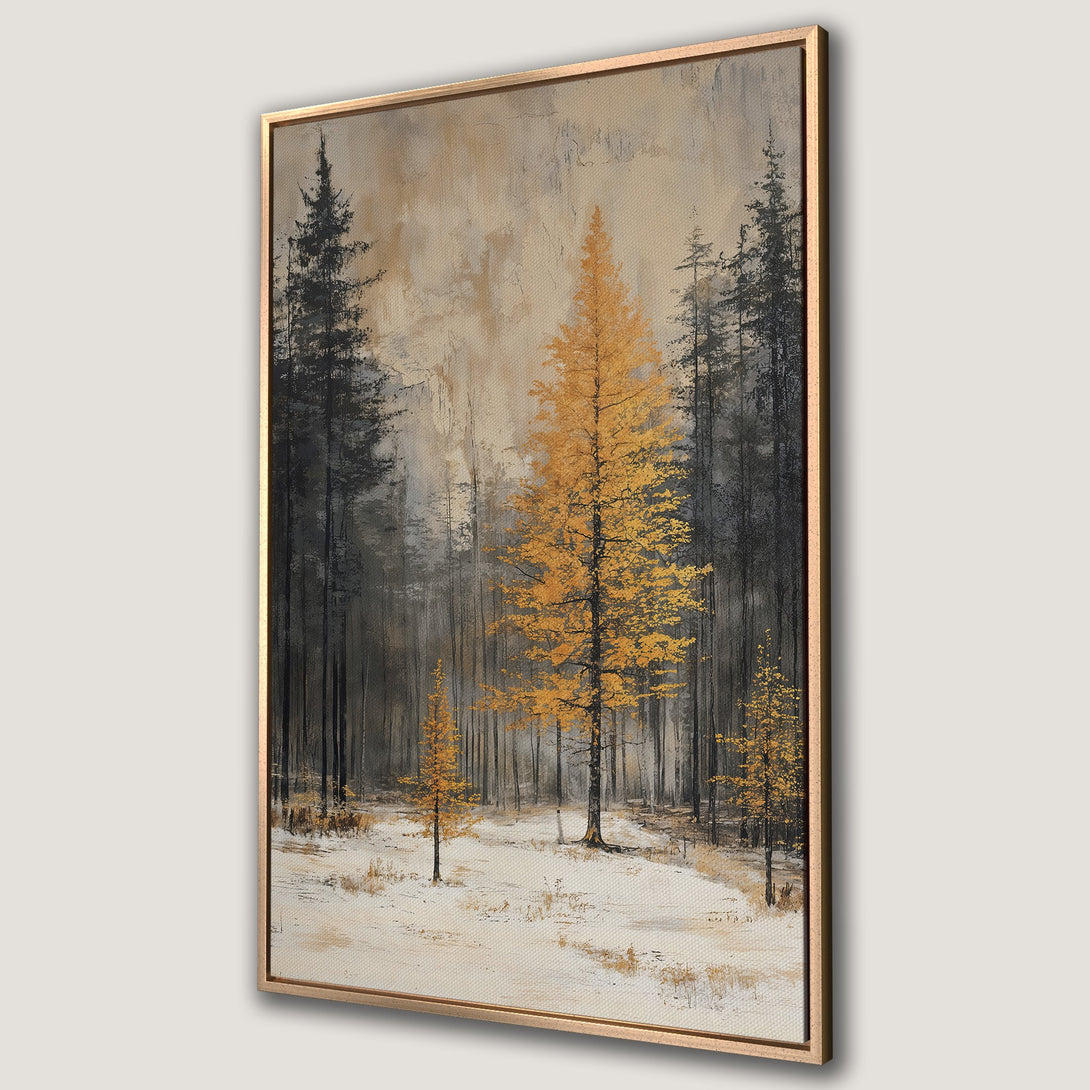Framed Wall Art: Serene forest scene with golden trees and muted tones. Perfect for adding a touch of nature and warmth to your home decor. Shop now!