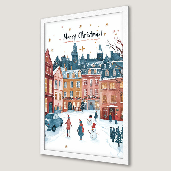 Framed Poster: Watercolor Christmas scene with a snowy town, featuring a warm color palette. Perfect holiday decor!