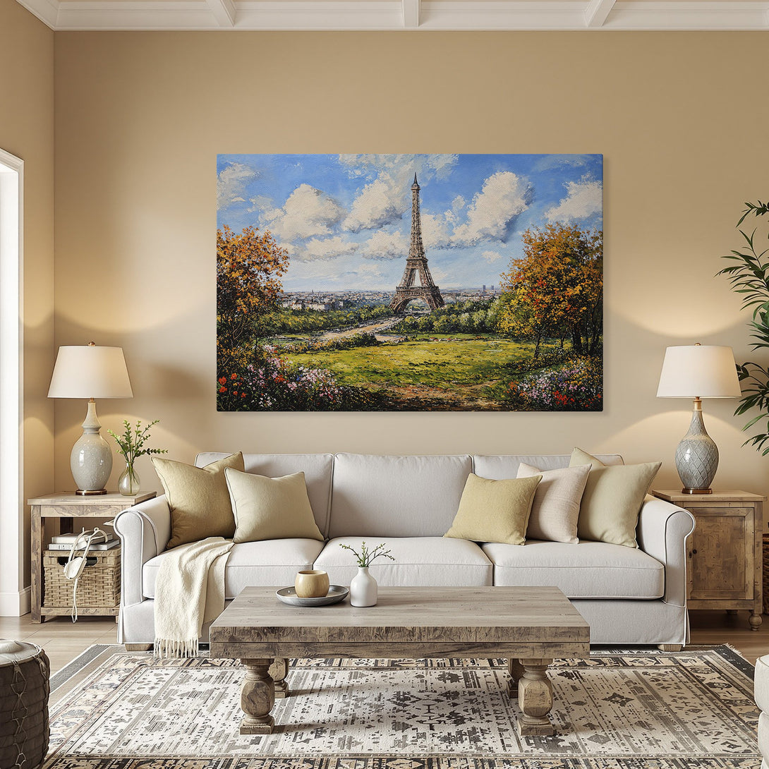 Framed Wall Art: Eiffel Tower painting in a dining room. Impressionistic style, vibrant blue sky, green grass, and autumn colors. Elevate your space!