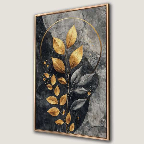 Framed Wall Art featuring gold and silver leaves on a textured gray and black background. Modern botanical art for home decor.