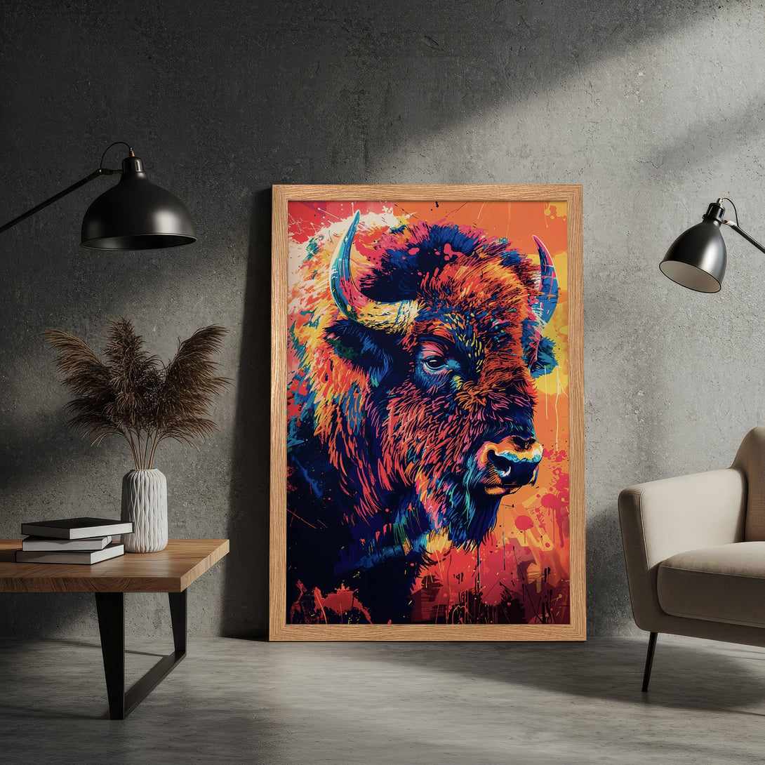 Framed Poster: Vibrant bison art print. Colorful, pop art style with a warm, orange and blue palette. Perfect wall decor!