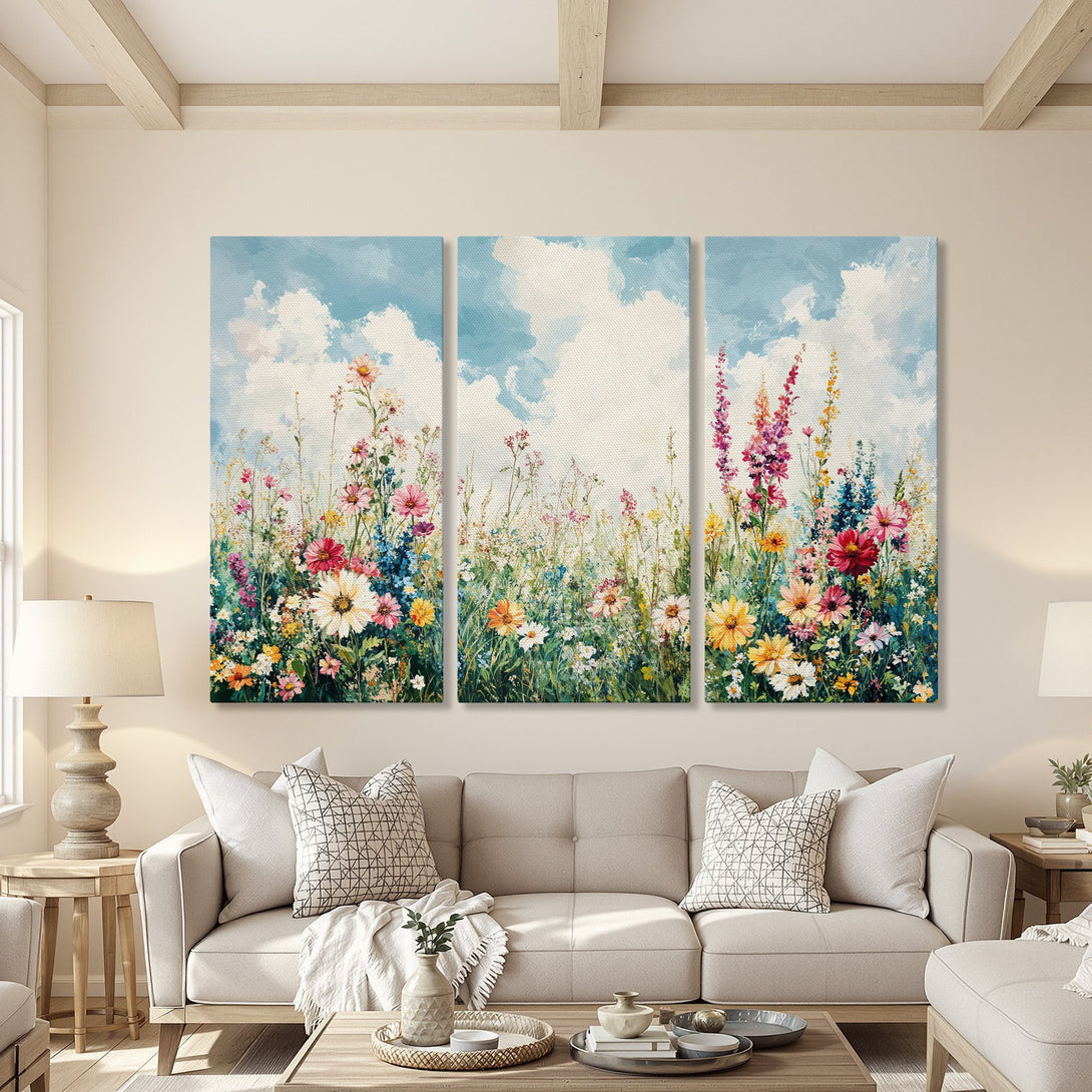 Canvas Print triptych of colorful wildflowers against a blue sky. Impressionistic style with a vibrant, natural color palette. Perfect wall art for any home.
