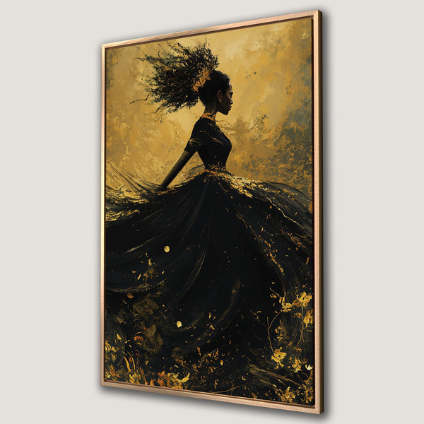 Framed Wall Art: Elegant woman in black dress, gold accents, abstract style. Stunning canvas print with a luxurious gold and black color palette.