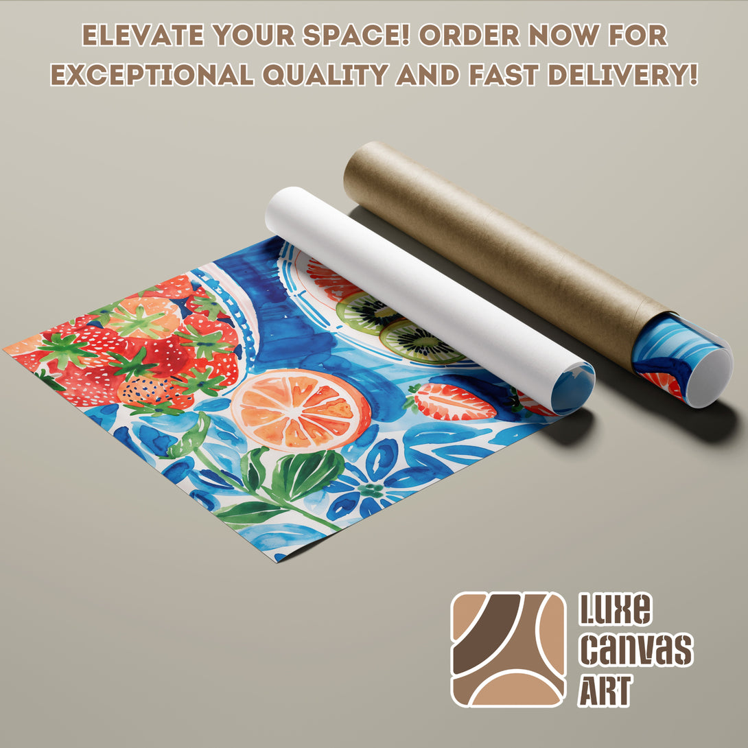 Poster Roll featuring a watercolor fruit design. Vibrant blue, orange, and red color palette. Perfect wall art for your home!