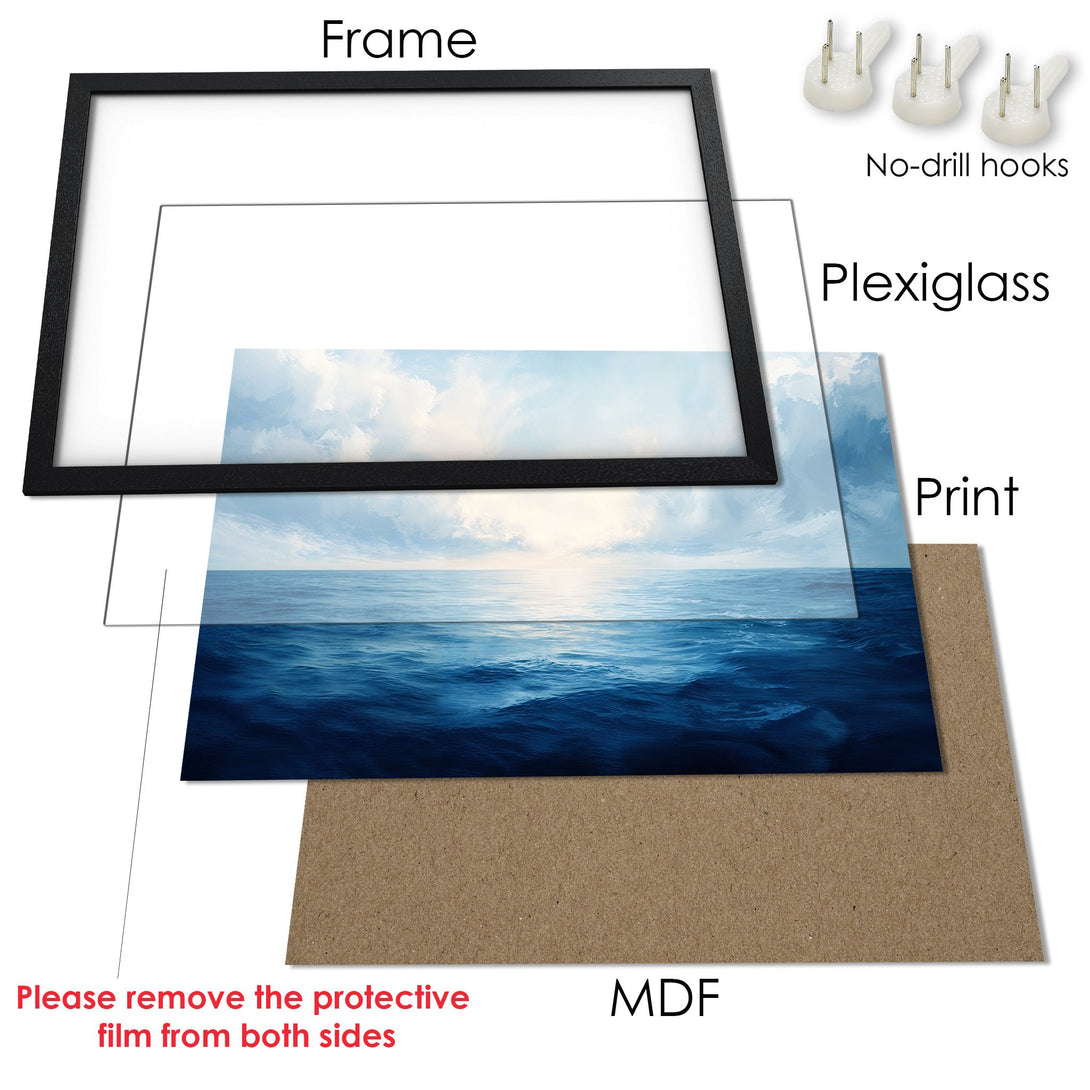 Framed Poster featuring a serene ocean scene in blue and white, perfect for coastal decor.