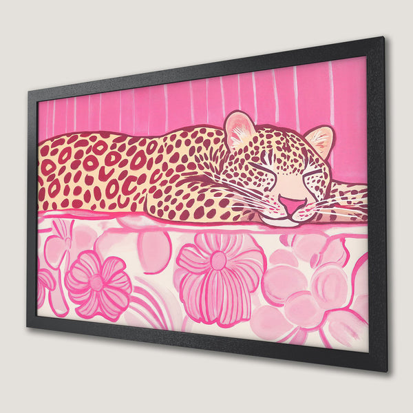 Framed Poster featuring a stylized leopard in pink and cream tones. Modern art style, perfect for adding a pop of color!