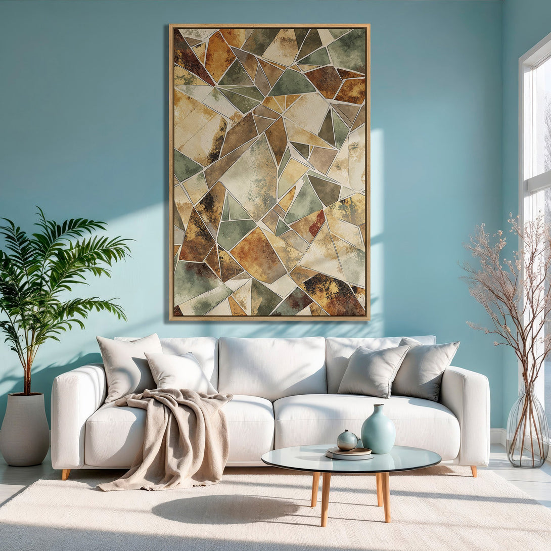 Framed Wall Art featuring abstract geometric design in earthy tones. Perfect for adding warmth and style to any living room. Shop our Canvas Print collection!