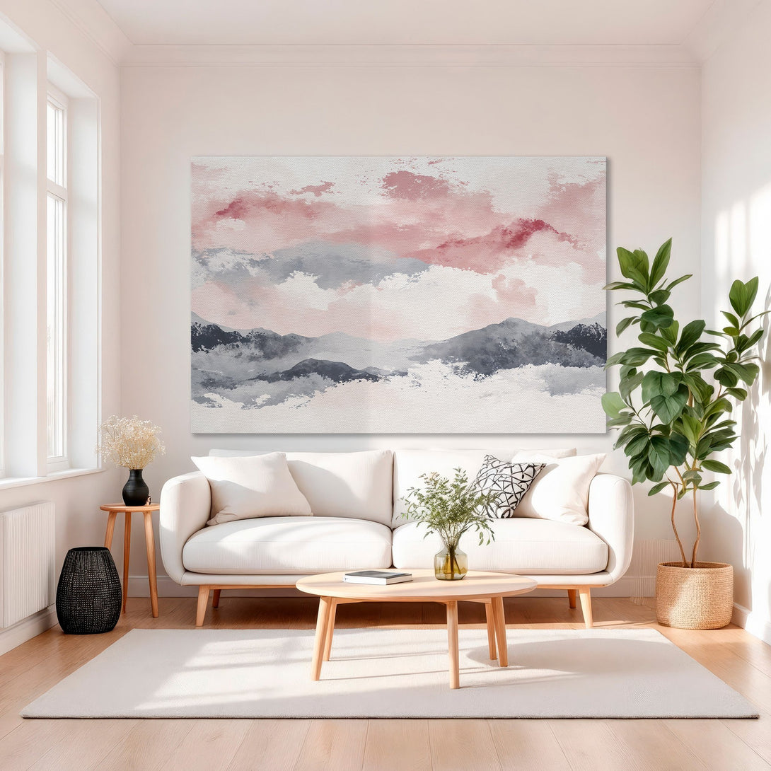 Framed Wall Art featuring an abstract landscape in pink, gray, and white. Modern art for your home. Shop canvas prints today!