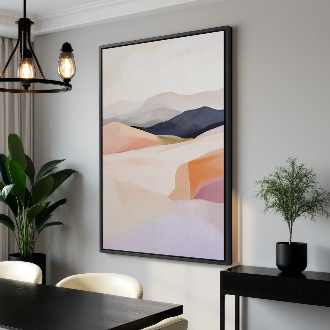 Framed Wall Art: Abstract landscape Canvas Print in muted pastel tones. Modern art for home decor, featuring a calming color palette of pinks, oranges, and blues.