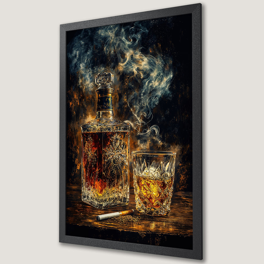 Framed Poster featuring whiskey bottle and glass, dramatic style, moody dark color palette with gold and brown accents. Perfect wall art.