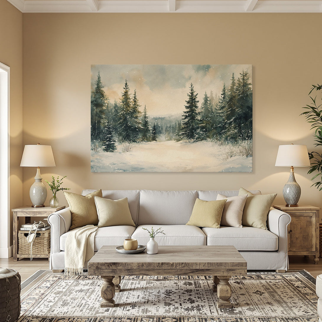 Framed Wall Art: Watercolor winter forest scene in cool blues and greens. Adds serene beauty to any space. Shop Canvas Prints today!