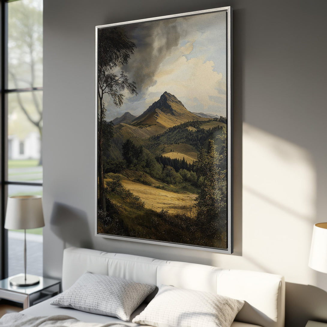 Framed Wall Art: Landscape Canvas Print featuring a mountain scene in a vintage style with a warm, earthy color palette, perfect for home decor.