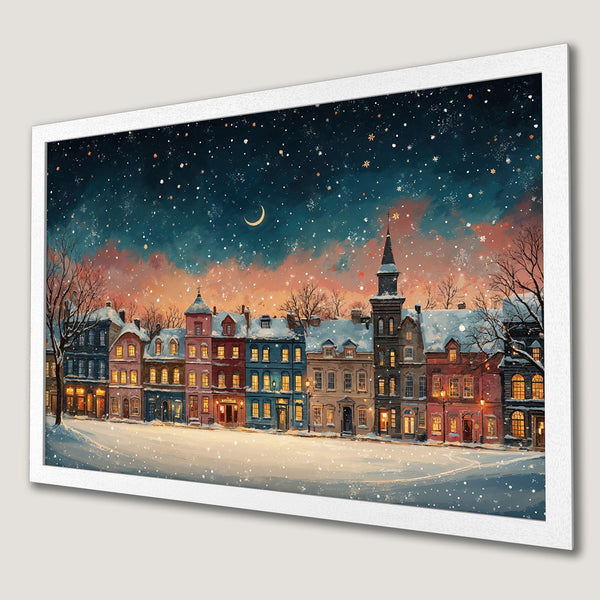 Framed Poster of a winter cityscape. Cozy illustration in a warm color palette of blues, oranges, and reds. Perfect wall art!